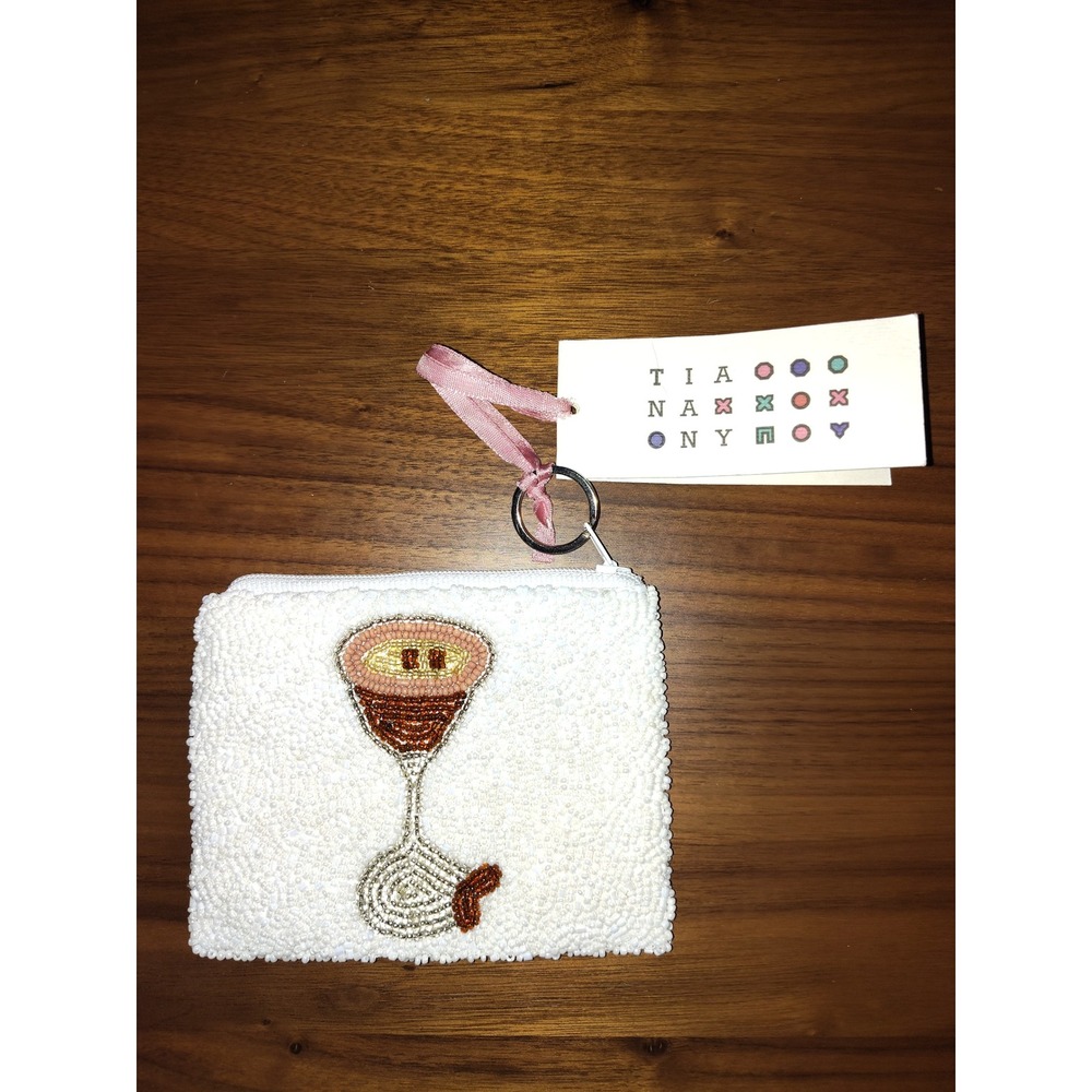 Tiana NY Tini Time Beaded Coin Purse White Martini Glass Zip Pouch Key Ring NWT